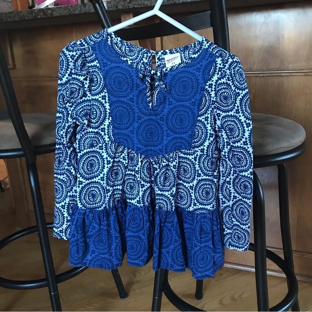 Arizona Jean long sleeve shirt top blue white cotton Aztec girls size small 4